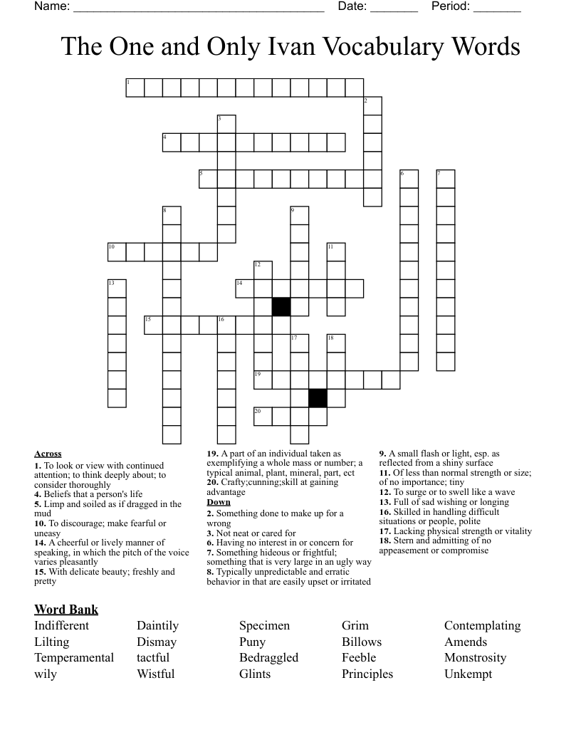 The One and Only Ivan Vocabulary Words Crossword