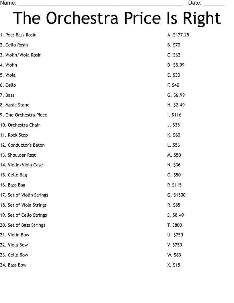 The Orchestra Price Is Right Worksheet