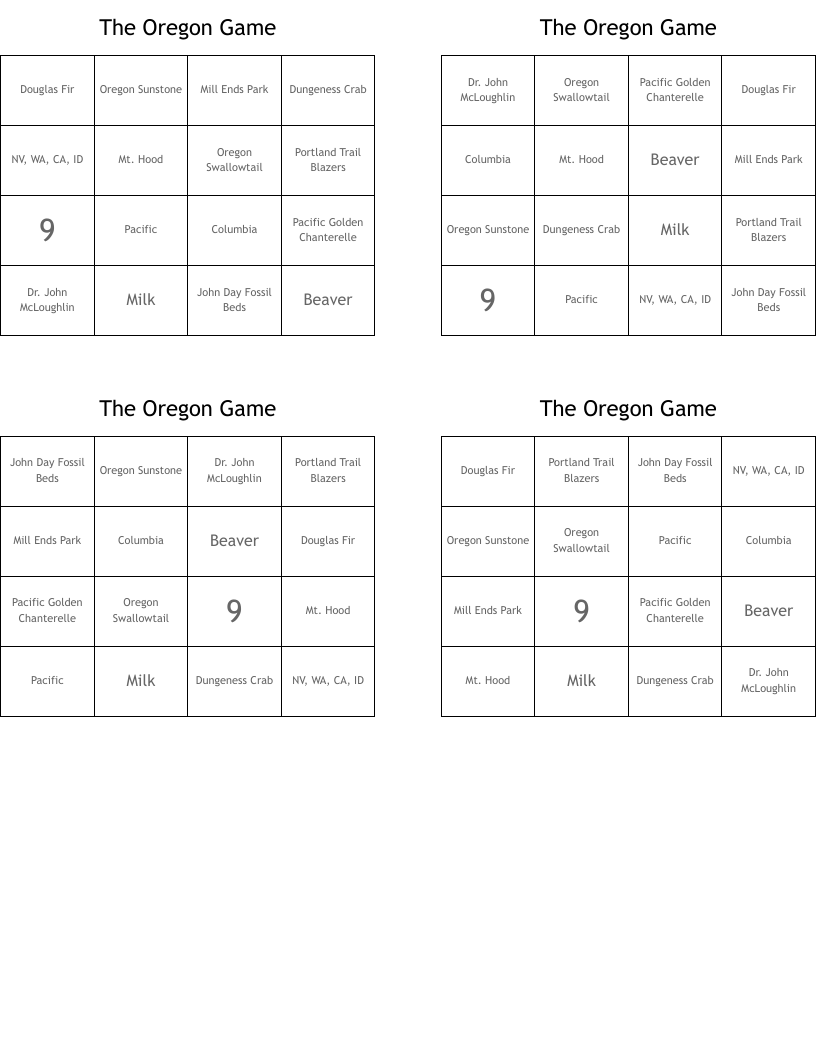 The Oregon Game Bingo Cards