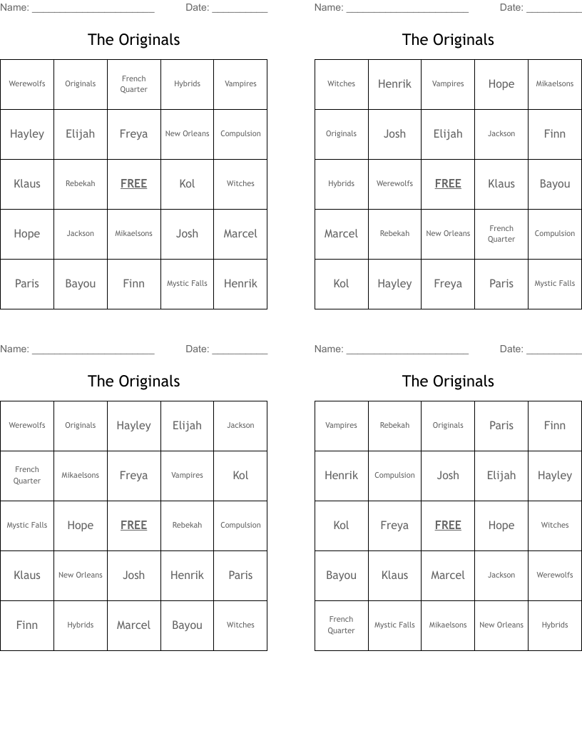 The Originals Bingo Cards