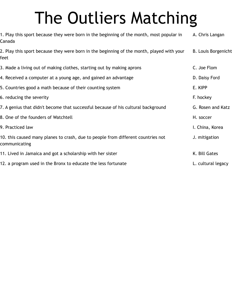 The Outliers Matching Worksheet