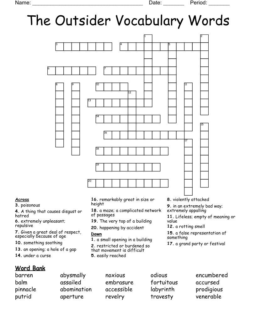 The Outsider Vocabulary Words Crossword