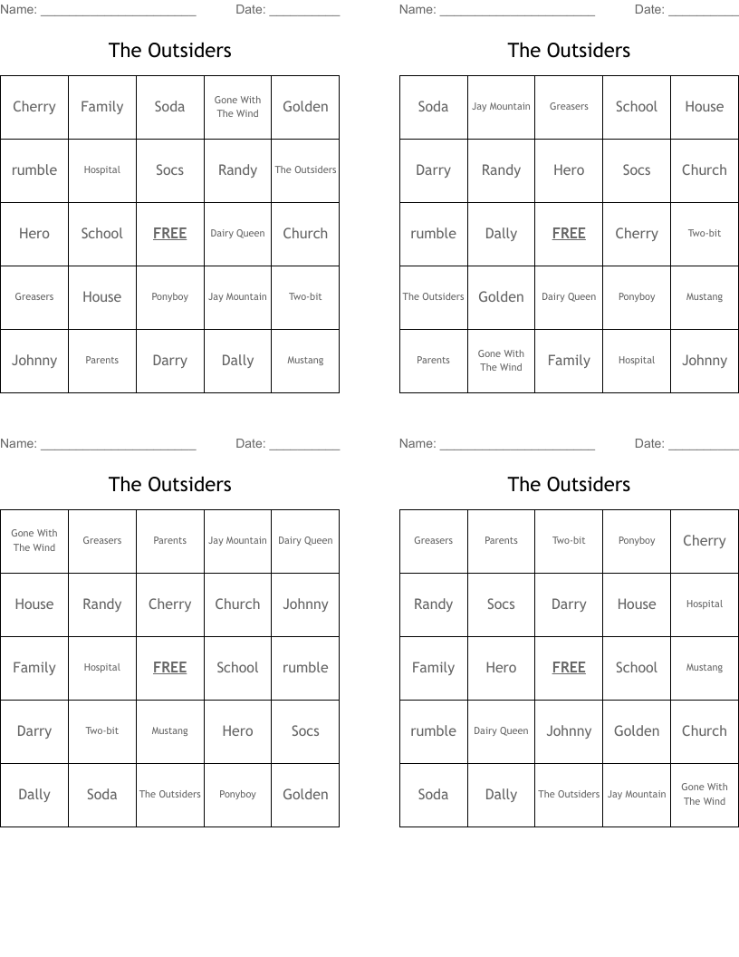 The Outsiders Bingo Cards