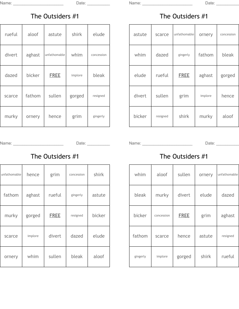 The Outsiders #1 Bingo Cards