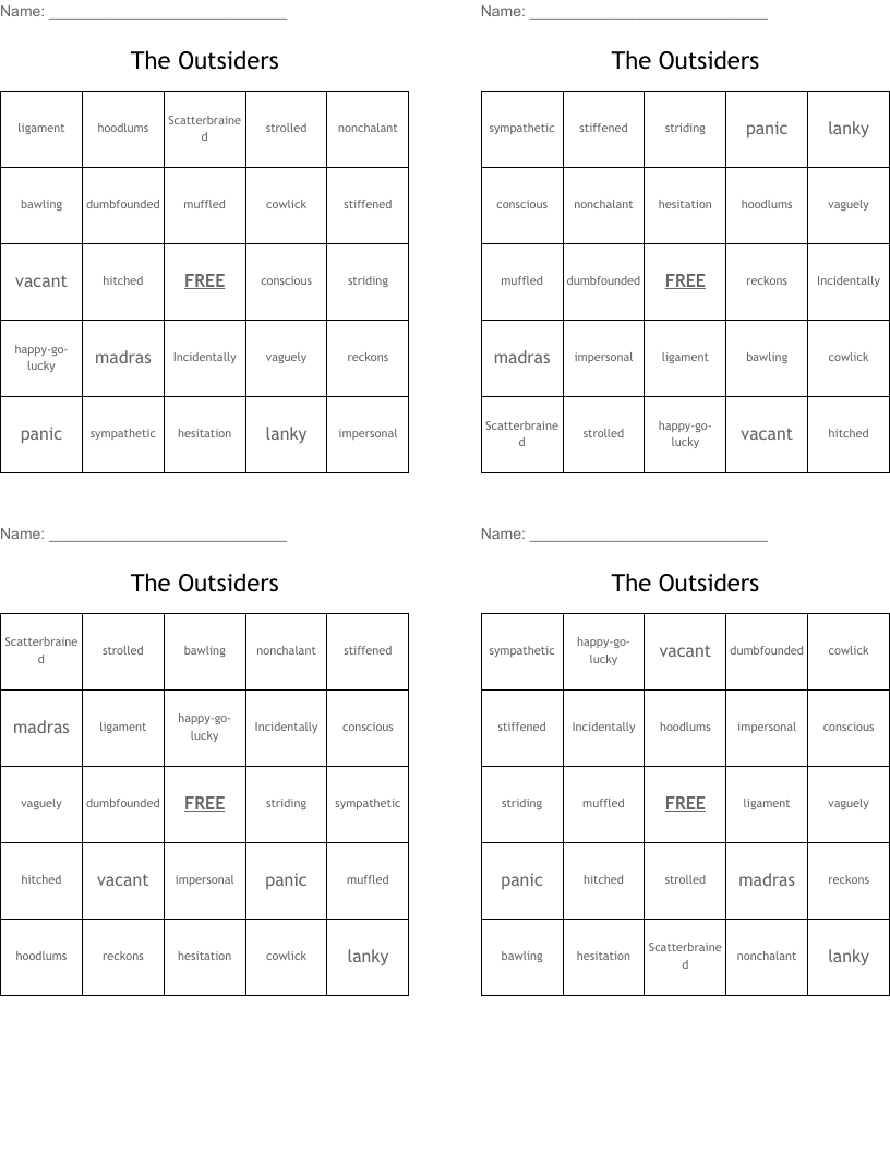 The Outsiders Bingo Cards