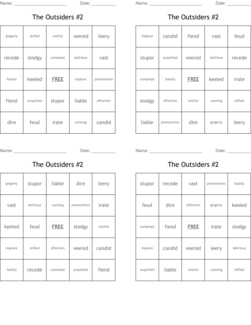 The Outsiders #2 Bingo Cards