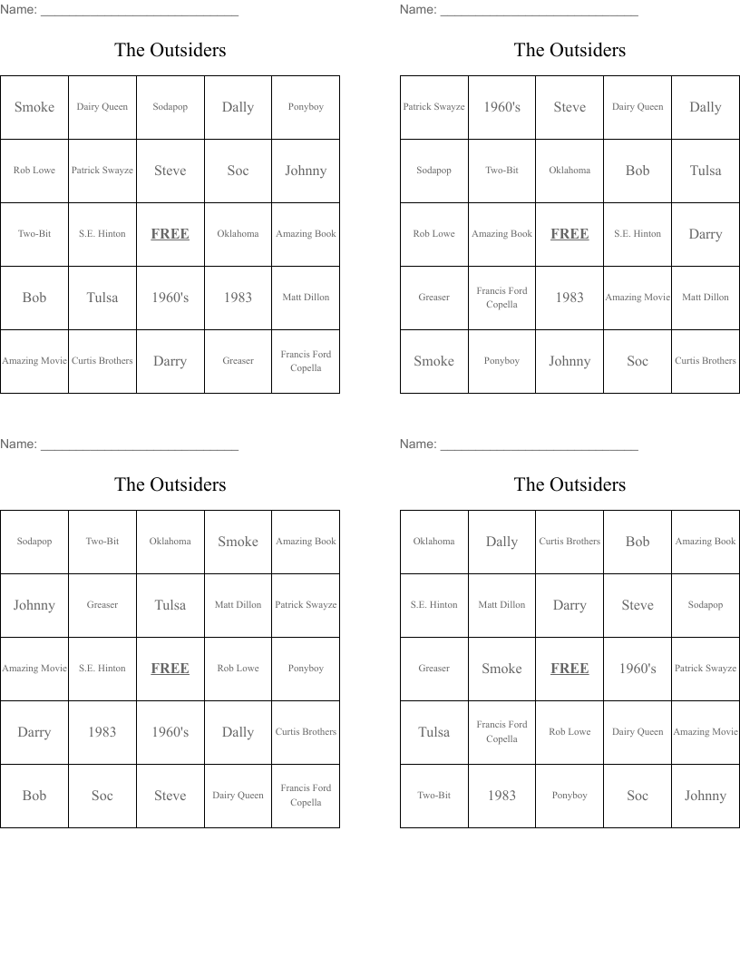 The Outsiders Bingo Cards