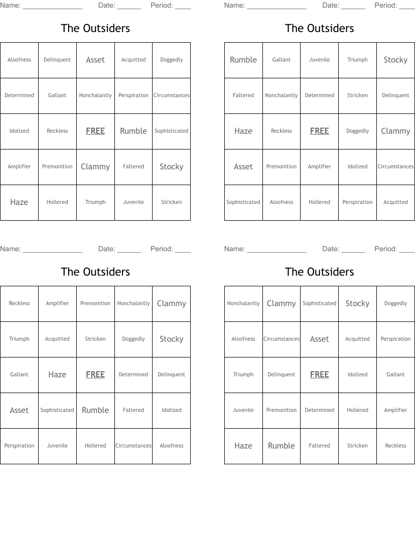 The Outsiders Bingo Cards