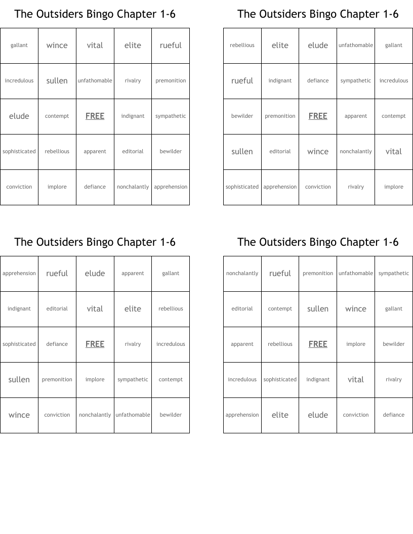 The Outsiders Bingo Chapter 1-6