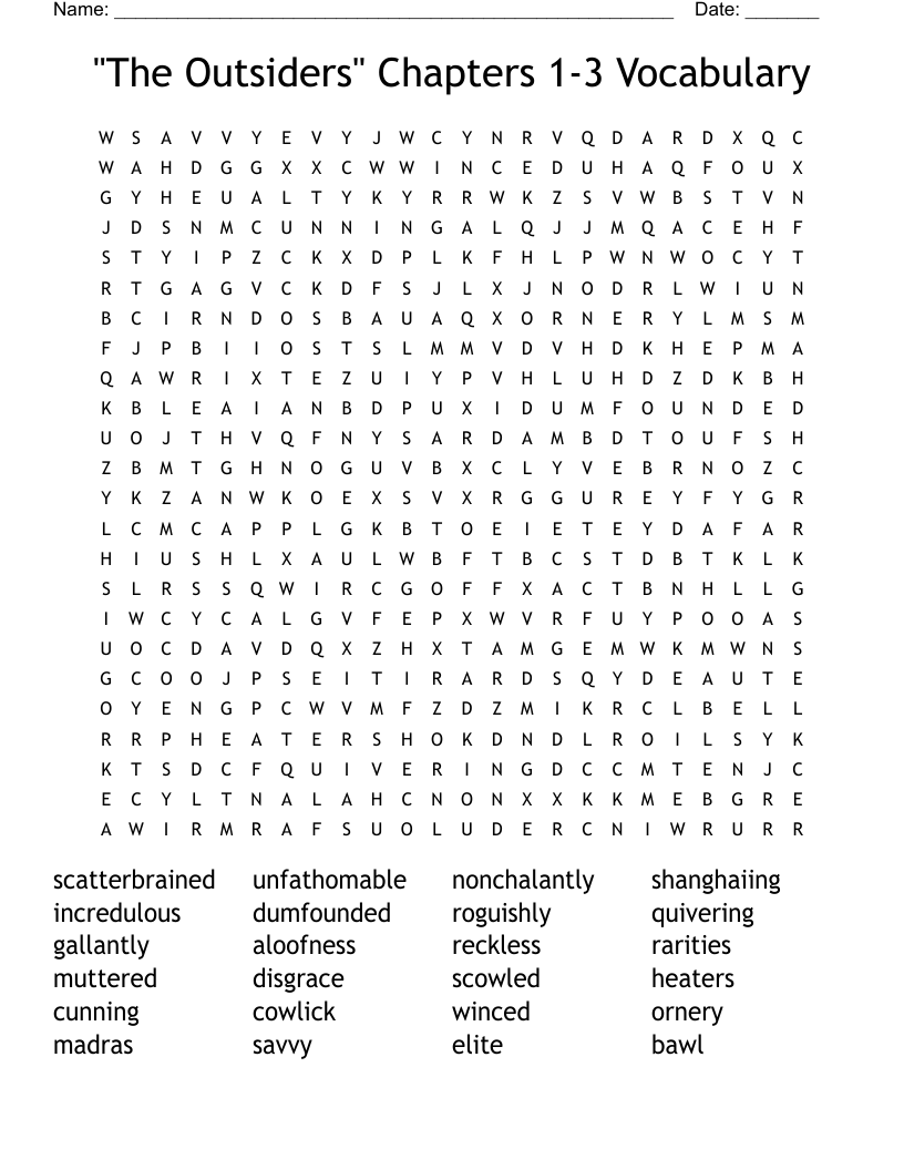 "The Outsiders" Chapters 1-3 Vocabulary Word Search