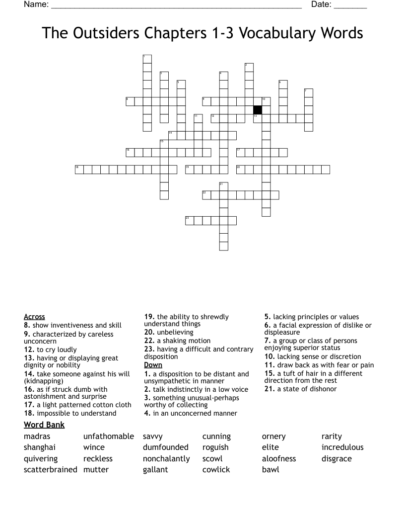 The Outsiders Chapters 1-3 Vocabulary Words Crossword