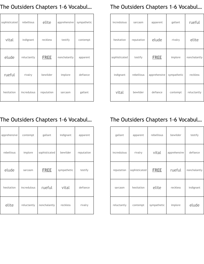 The Outsiders Chapters 1-6 Vocabulary Bingo Cards
