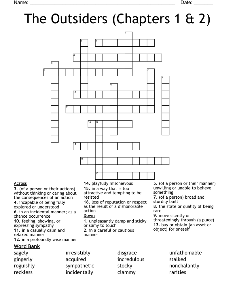 The Outsiders (Chapters 1 & 2) Crossword