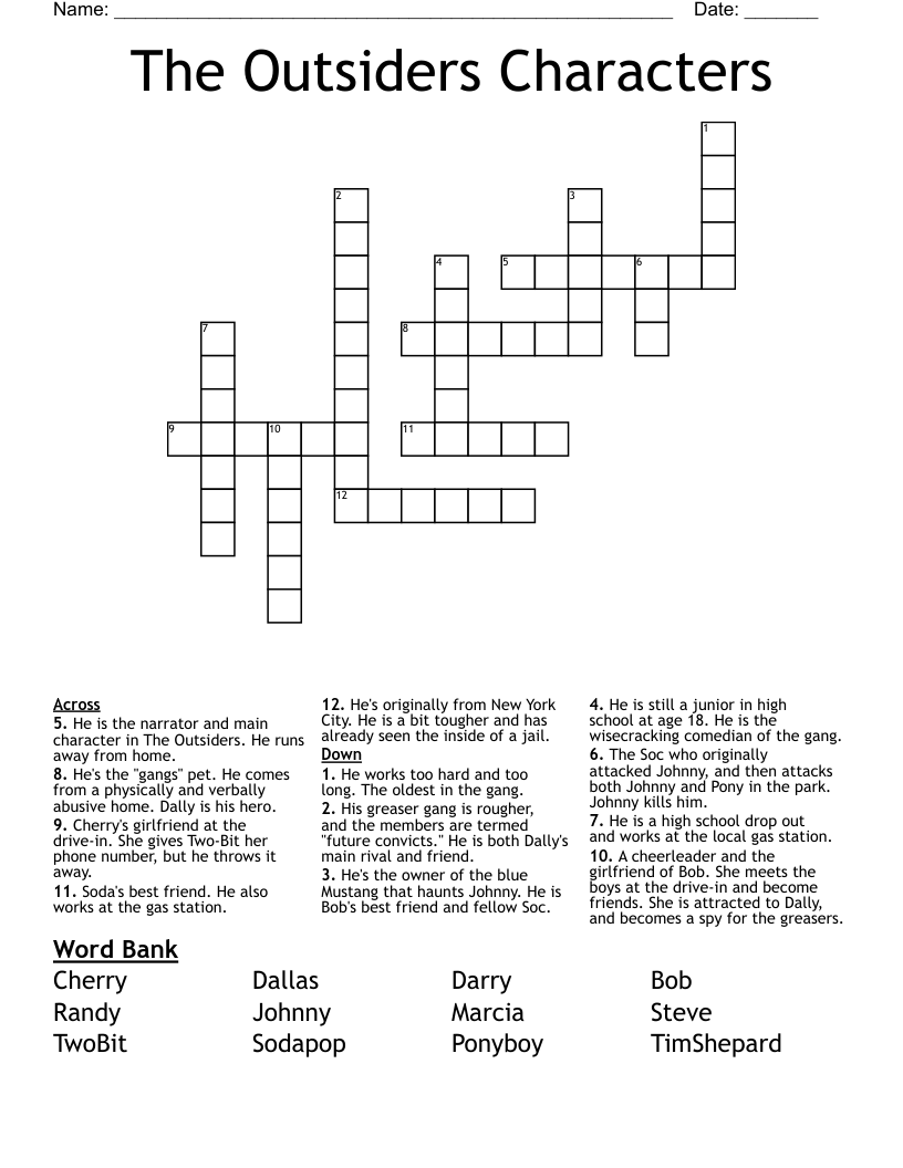 The Outsiders Characters Crossword