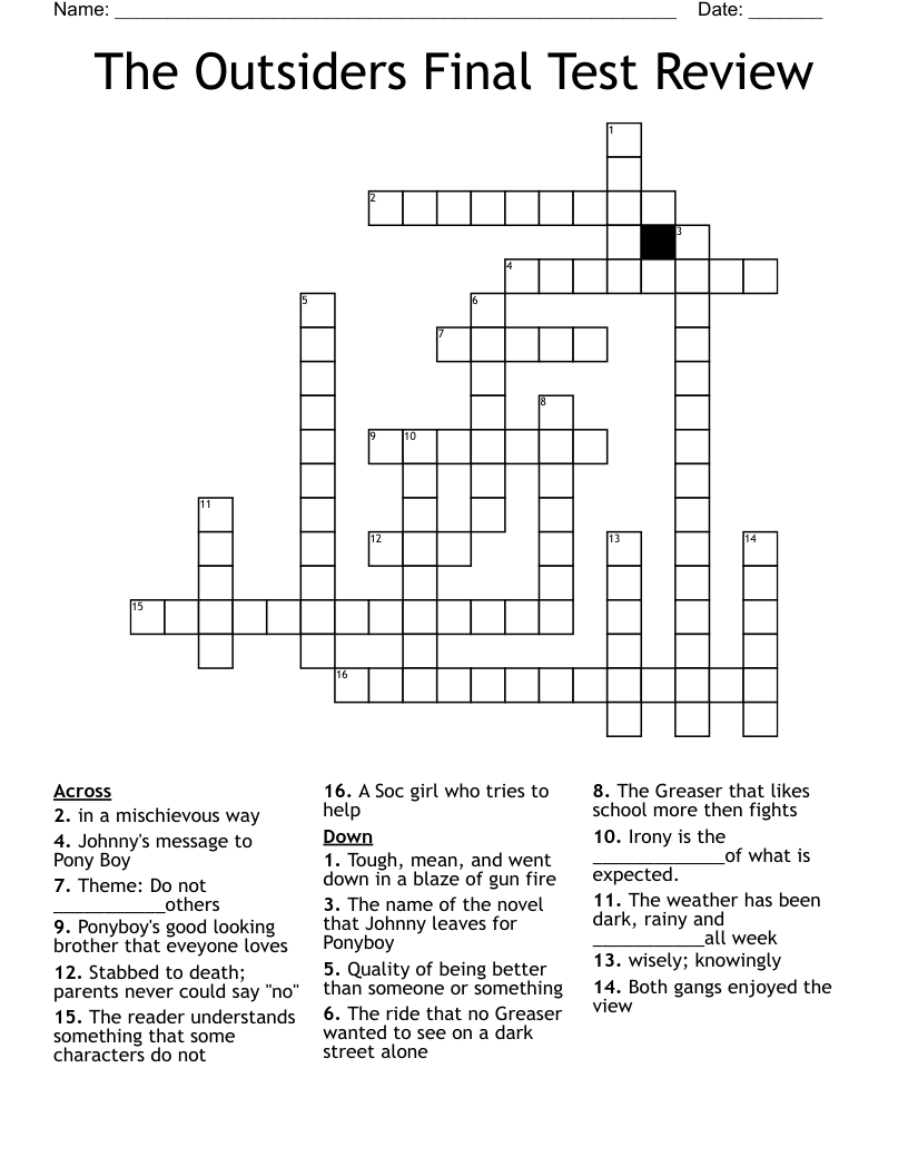 The Outsiders Final Test Review Crossword