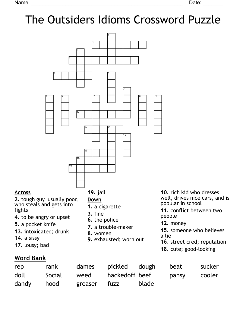 The Outsiders Idioms Crossword Puzzle