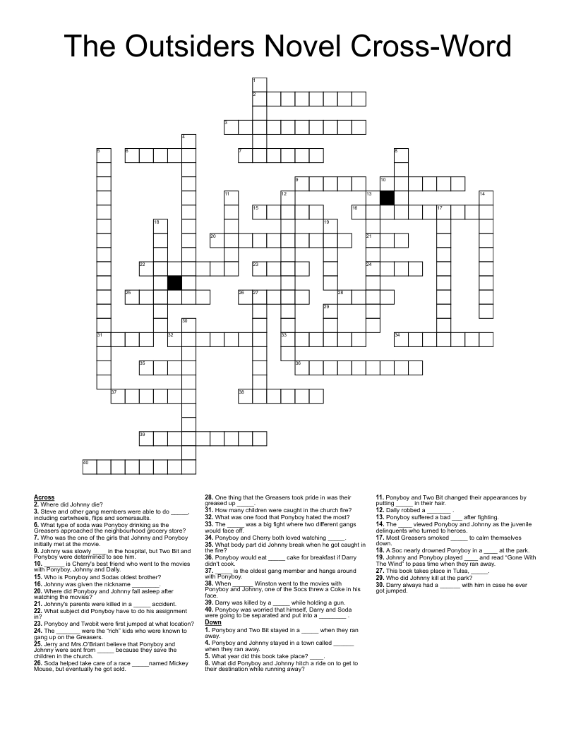 The Outsiders Novel Cross-Word  Crossword