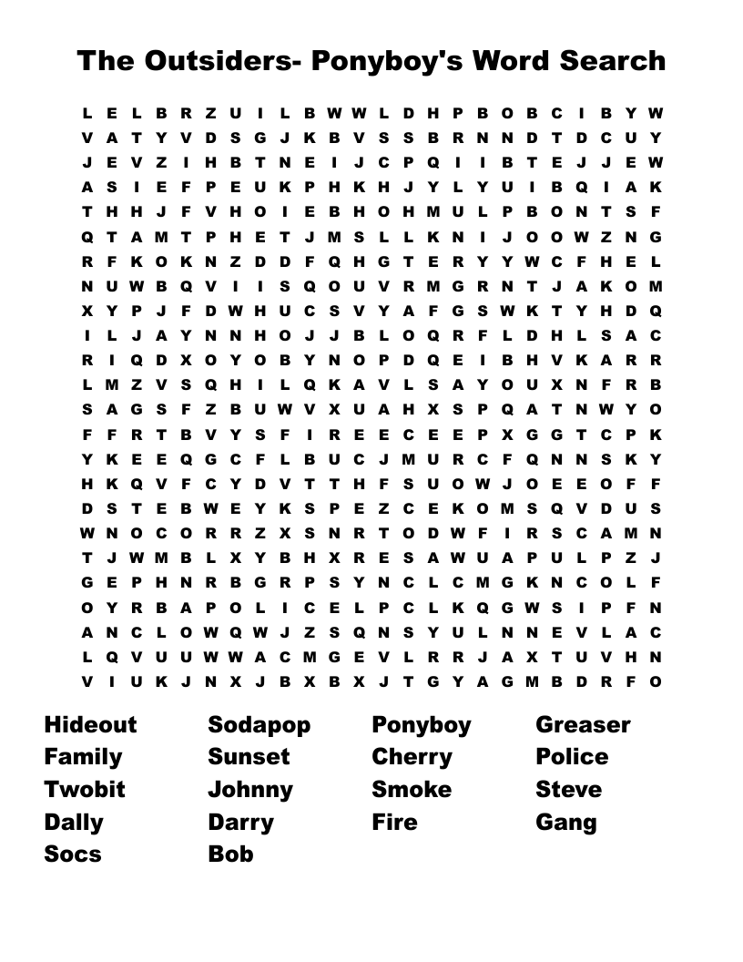 The Outsiders- Ponyboy's Word Search