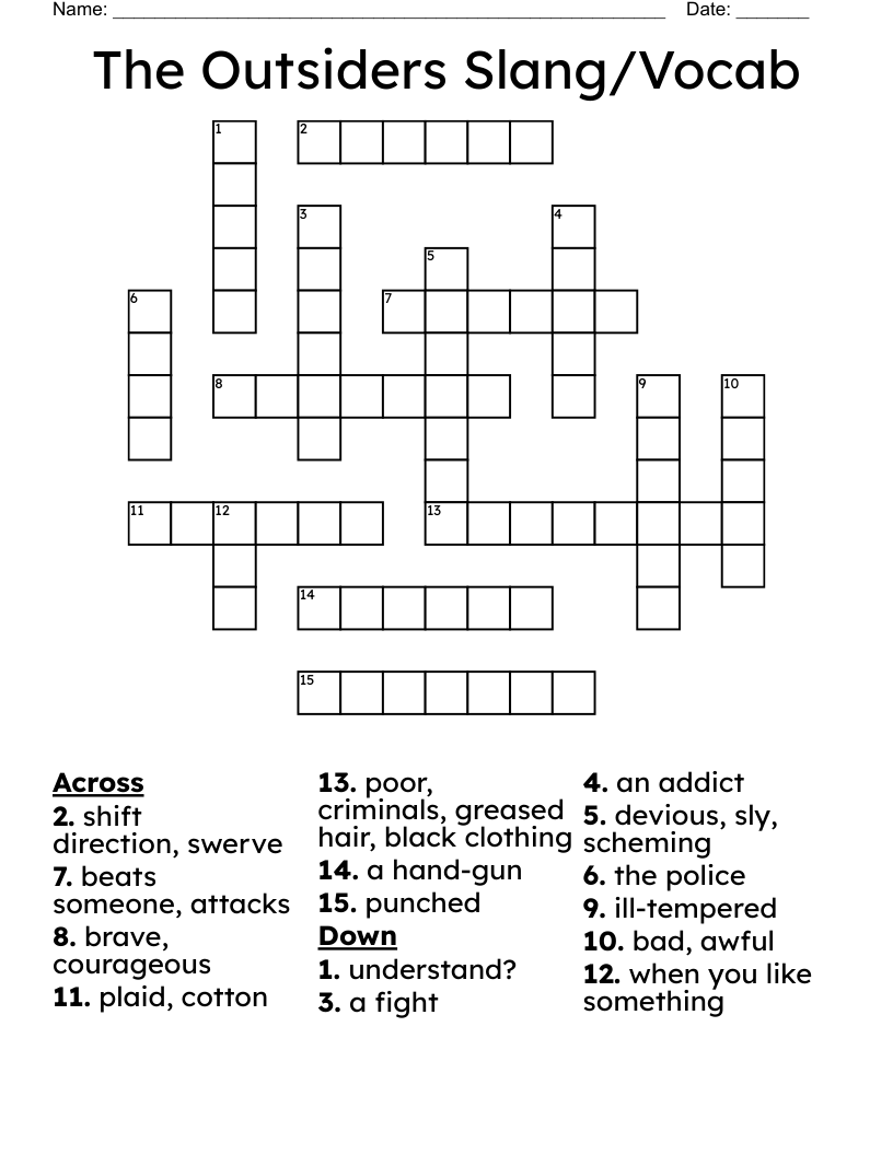 The Outsiders Slang/Vocab Crossword