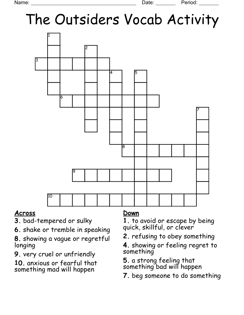 The Outsiders Vocab Activity Crossword