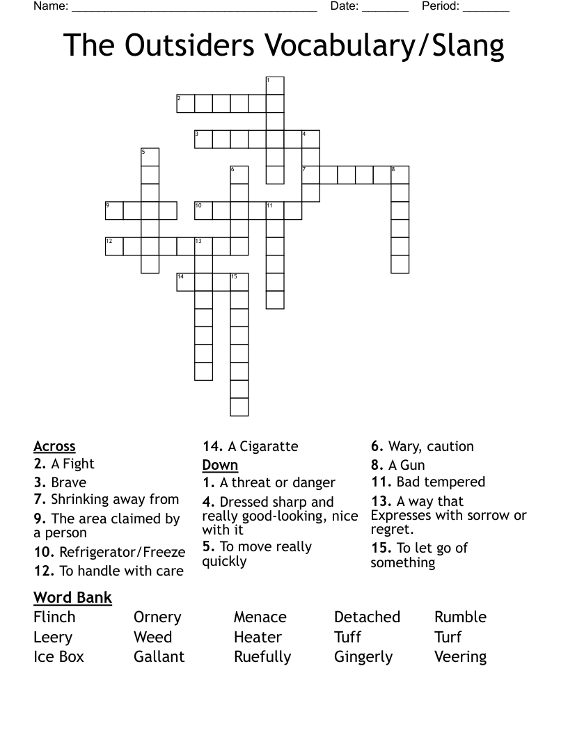 The Outsiders Vocabulary/Slang  Crossword