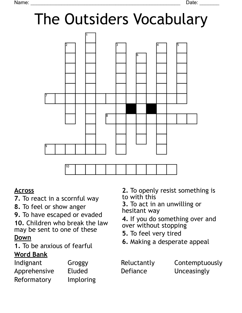 The Outsiders Vocabulary Crossword