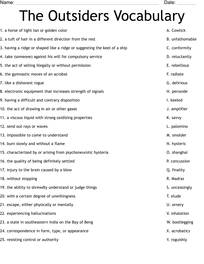 The Outsiders Vocabulary Worksheet