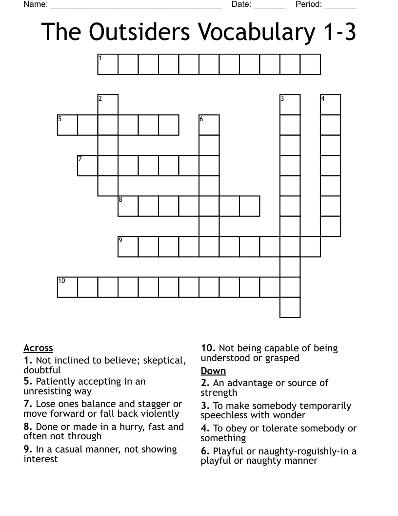 The Outsiders Vocabulary 1-3 Crossword