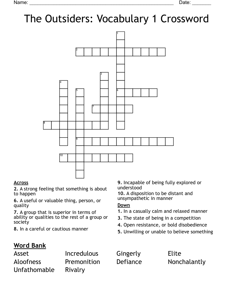 The Outsiders: Vocabulary 1 Crossword