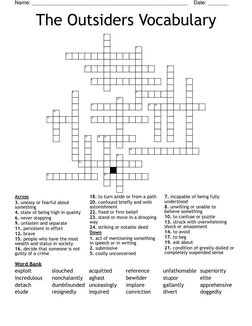 The Outsiders Vocabulary Crossword