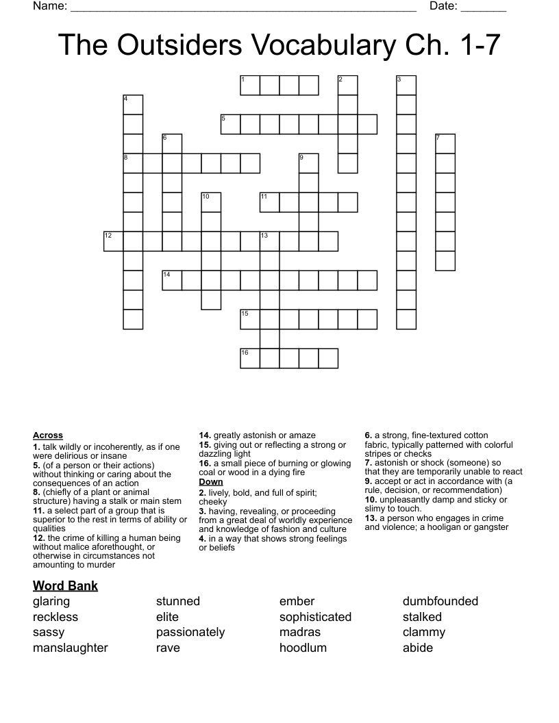 The Outsiders Vocabulary Ch. 1-7 Crossword