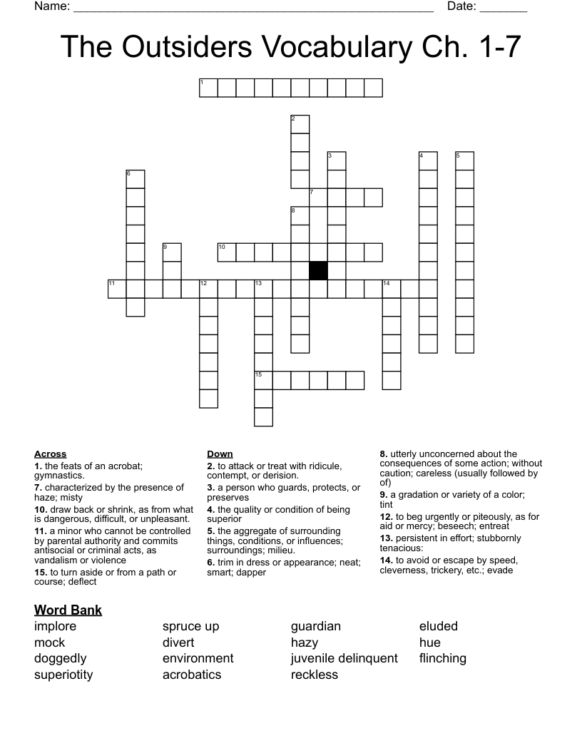The Outsiders Vocabulary Ch. 1-7 Crossword