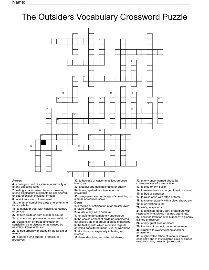 The Outsiders Vocabulary Crossword Puzzle