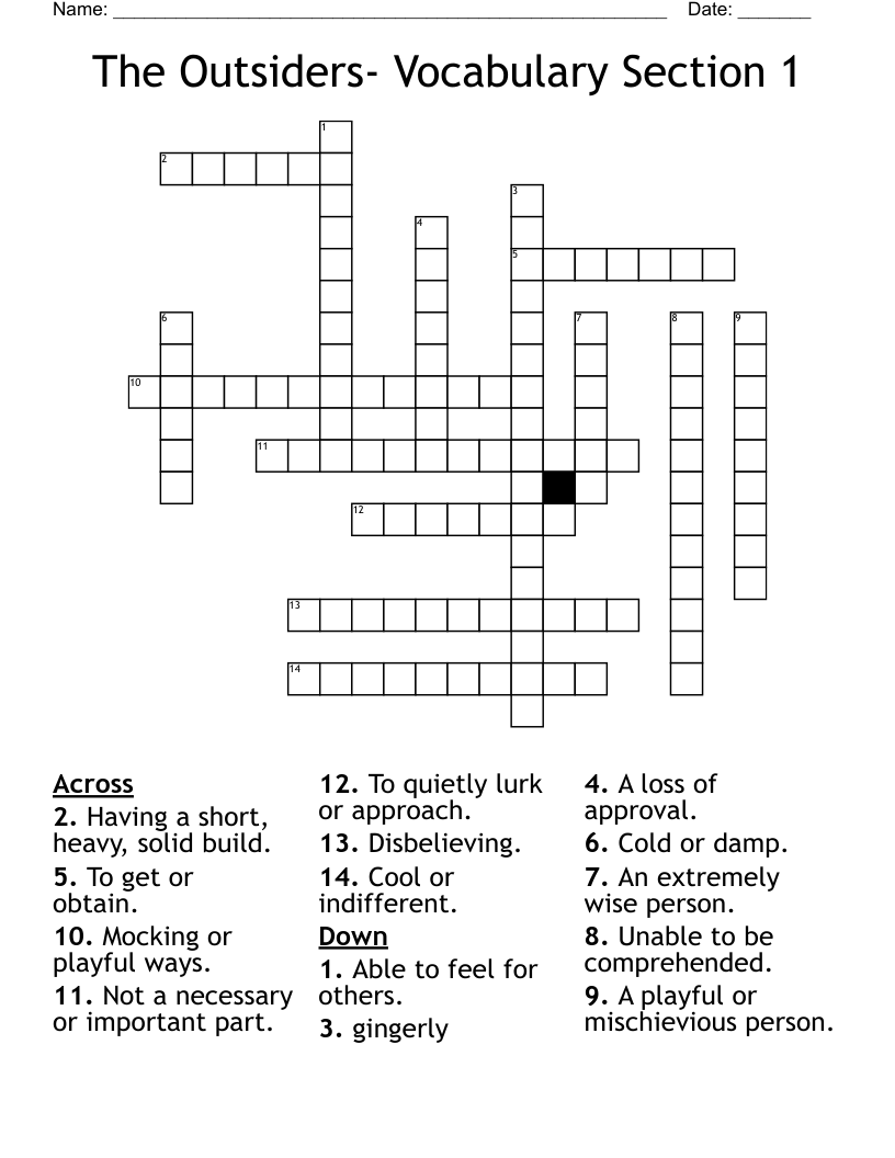 The Outsiders- Vocabulary Section 1 Crossword