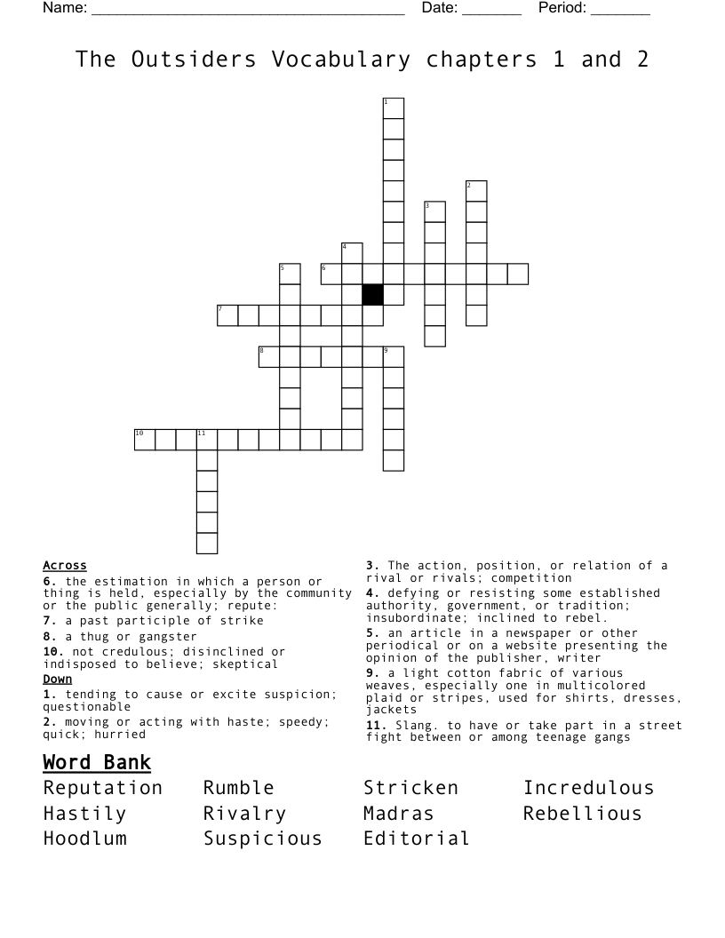 The Outsiders Vocabulary chapters 1 and 2 Crossword