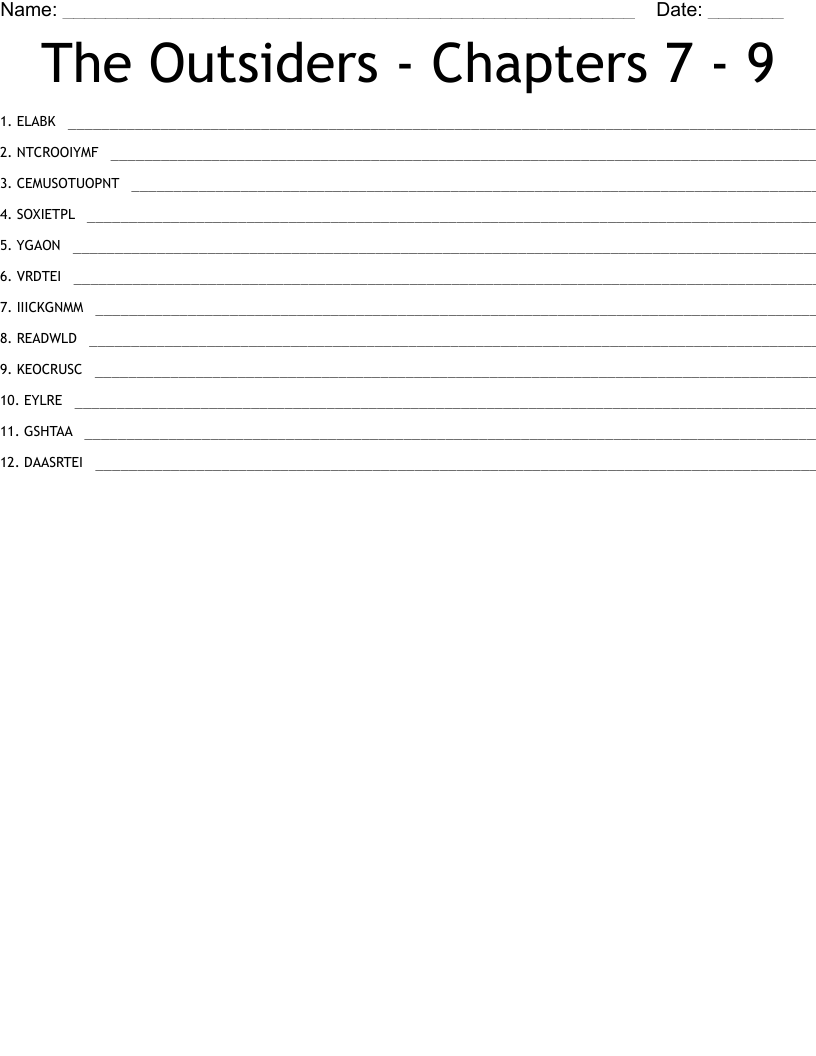 The Outsiders - Chapters 7 - 9 Word Scramble