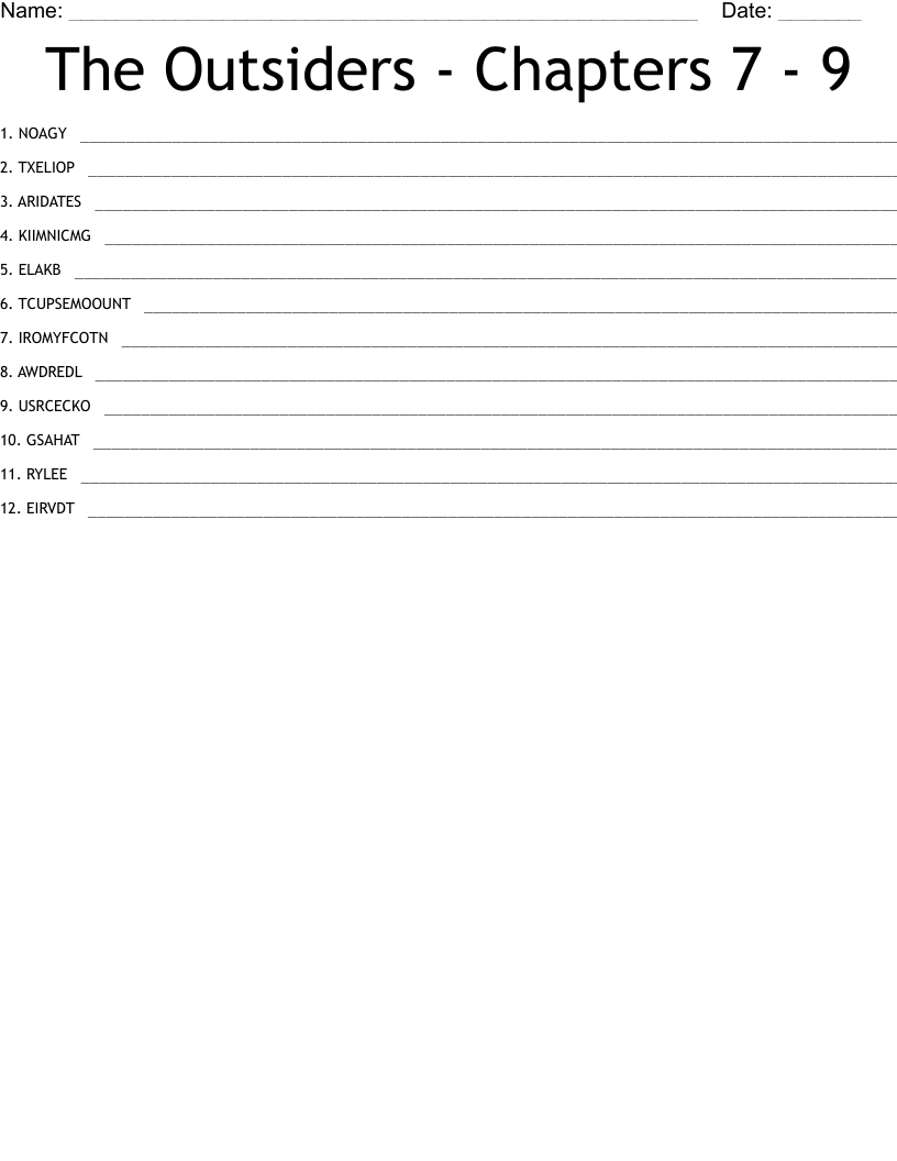 The Outsiders - Chapters 7 - 9 Word Scramble