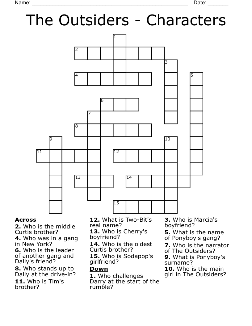 The Outsiders - Characters Crossword