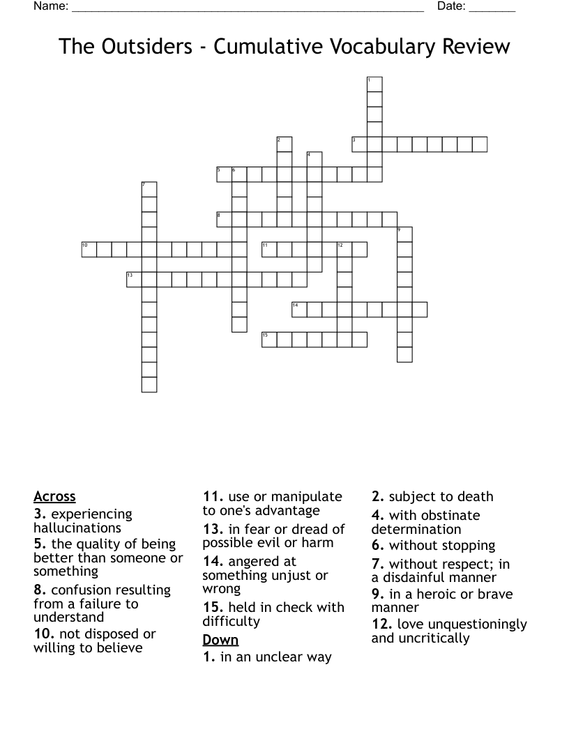 The Outsiders - Cumulative Vocabulary Review Crossword