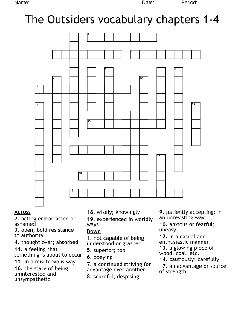The Outsiders vocabulary chapters 1-4 Crossword