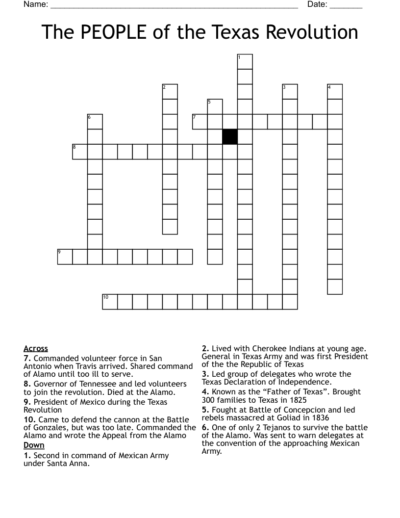 The PEOPLE of the Texas Revolution Crossword