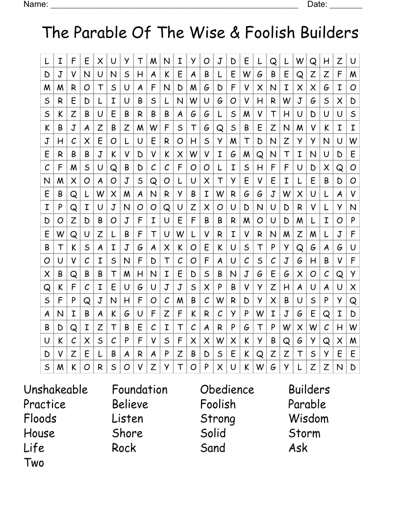 The Parable Of The Wise & Foolish Builders Word Search