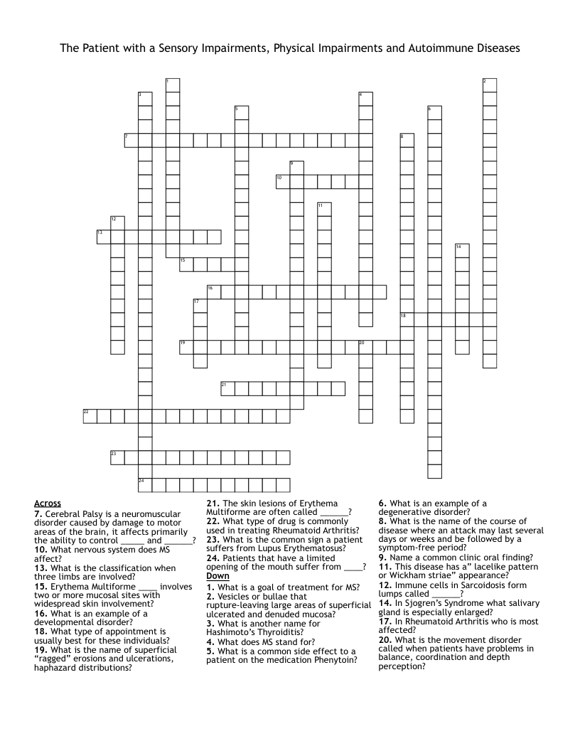 The Patient with a Sensory Impairments, Physical Impairments and Autoimmune Diseases​ Crossword