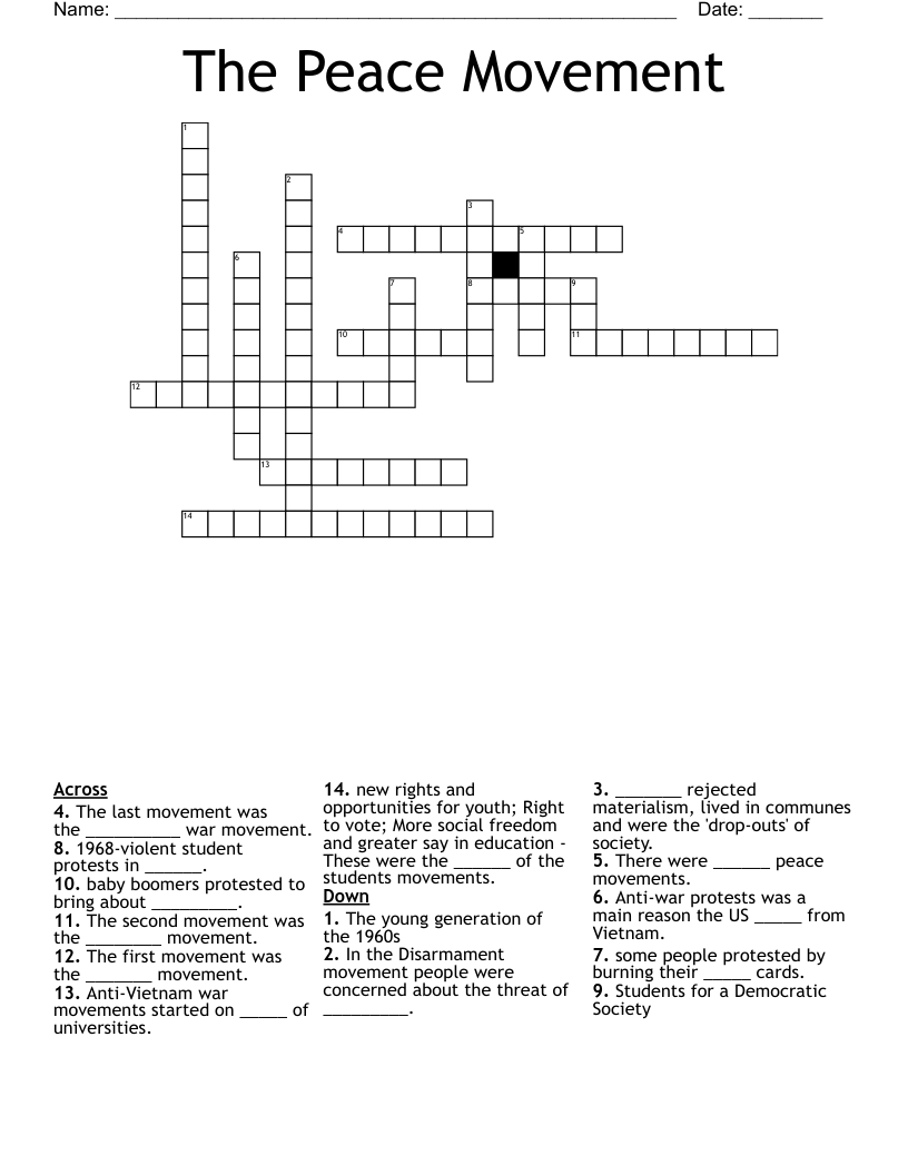 The Peace Movement  Crossword