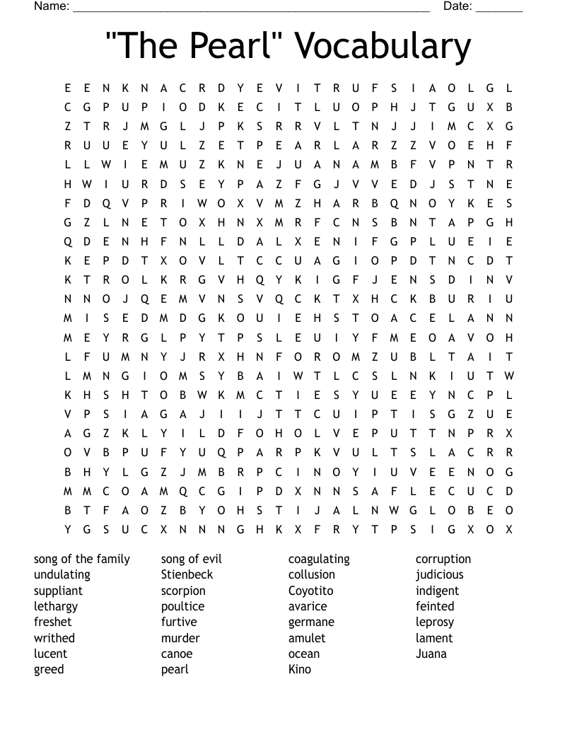 "The Pearl" Vocabulary Word Search