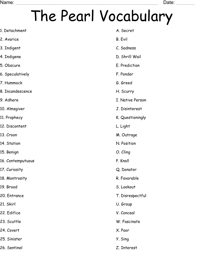 The Pearl Vocabulary Worksheet