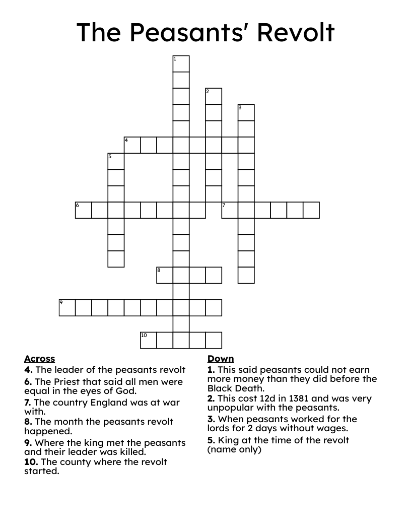 The Peasants' Revolt Crossword