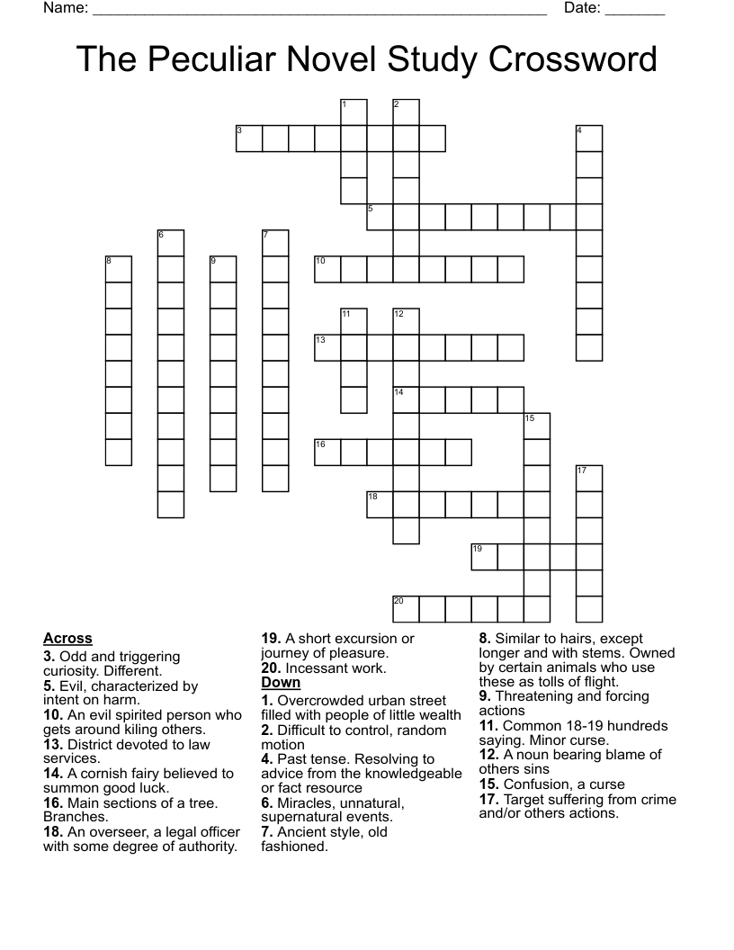 The Peculiar Novel Study Crossword