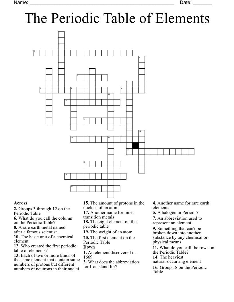 The Periodic Table of Elements Crossword