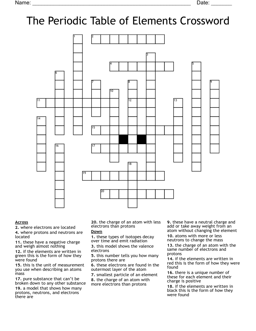 The Periodic Table of Elements Crossword